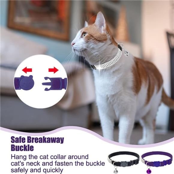 Soft Velvet Safe Cat Collars for Girl Cats -2 Pack Rhinestones Bling Diamante - Picture 5 of 6